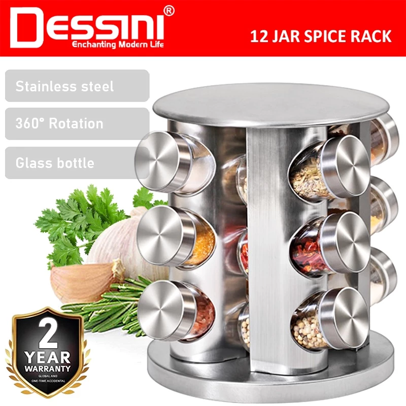 DESSINI ITALY 12 IN 1 Rotating Spiral Spice Tower Rack Glass Bottle Organiser Salt Storage Jar Condiment Canister