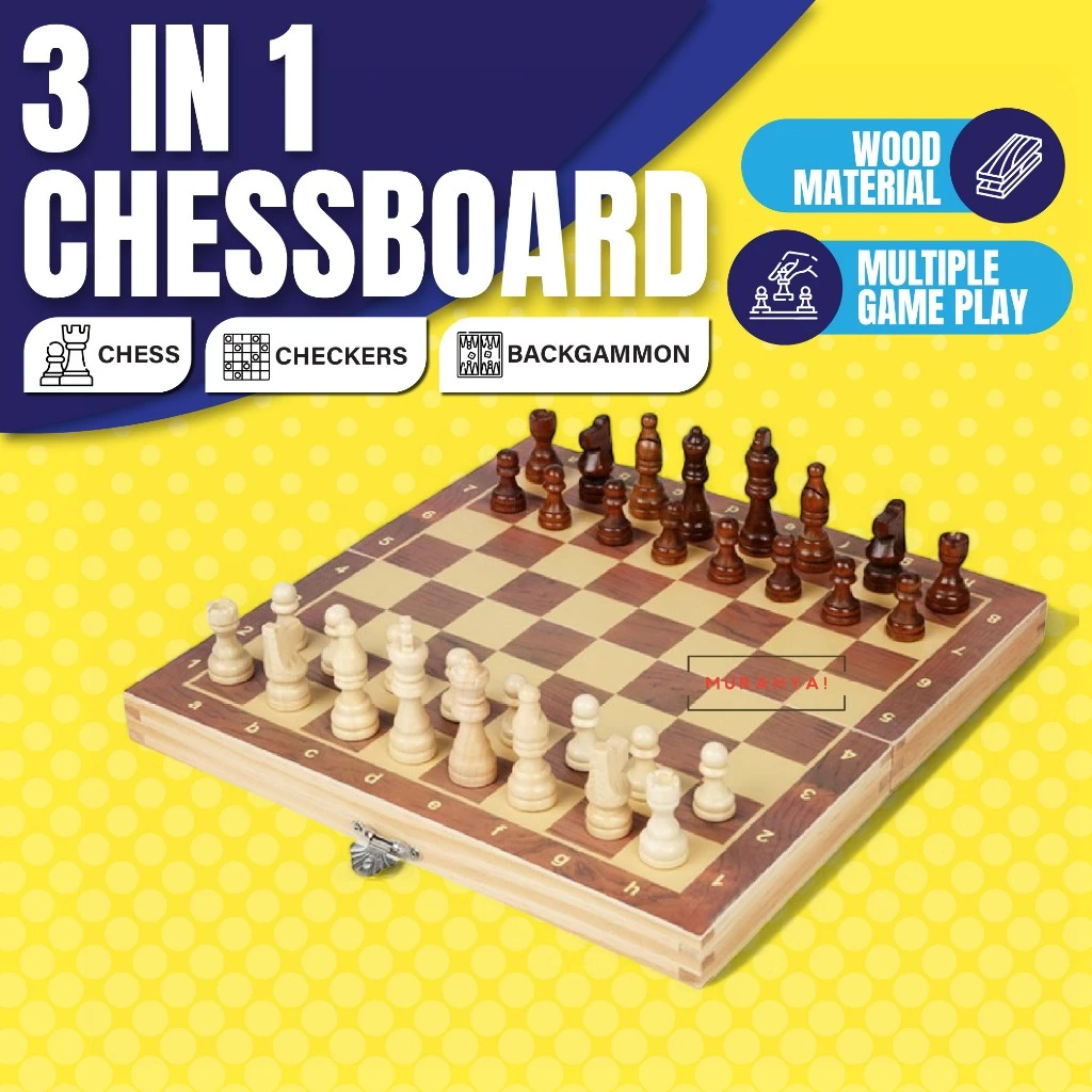 3 in 1 Chess Board Set Premium Wooden & Magnetic Folding Potable Chess Board Papan Catur Kayu Chess Set Tournament Size