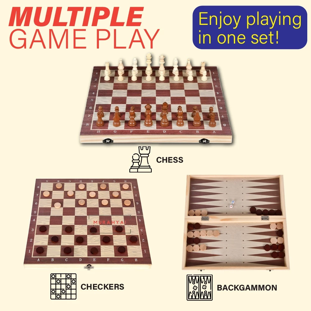 3 in 1 Chess Board Set Premium Wooden & Magnetic Folding Potable Chess Board Papan Catur Kayu Chess Set Tournament Size
