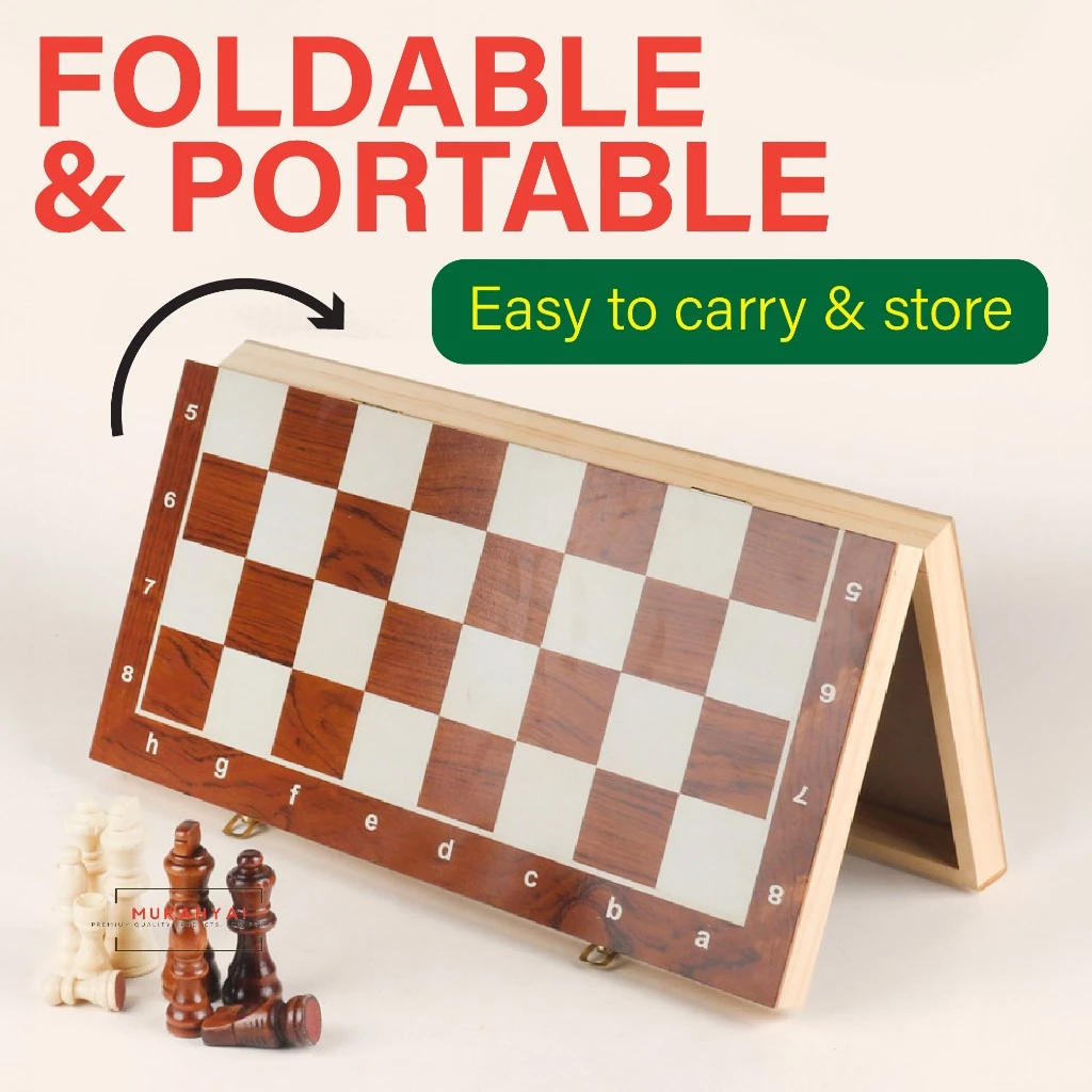 3 in 1 Chess Board Set Premium Wooden & Magnetic Folding Potable Chess Board Papan Catur Kayu Chess Set Tournament Size