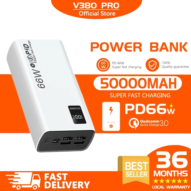 V380 High Quality 66W Super Fast Charging Power Bank K7 Black/White