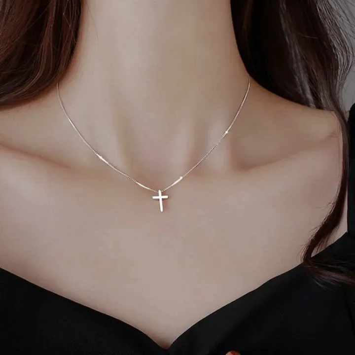 Mini Cross Pendant Necklace Minimalism Silver Metal Choker Women Simple Ins Clavicular Chain Korean Style Christianity Jewelry