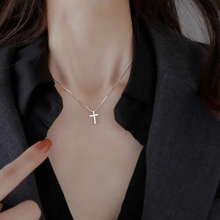 Mini Cross Pendant Necklace Minimalism Silver Metal Choker Women Simple Ins Clavicular Chain Korean Style Christianity Jewelry