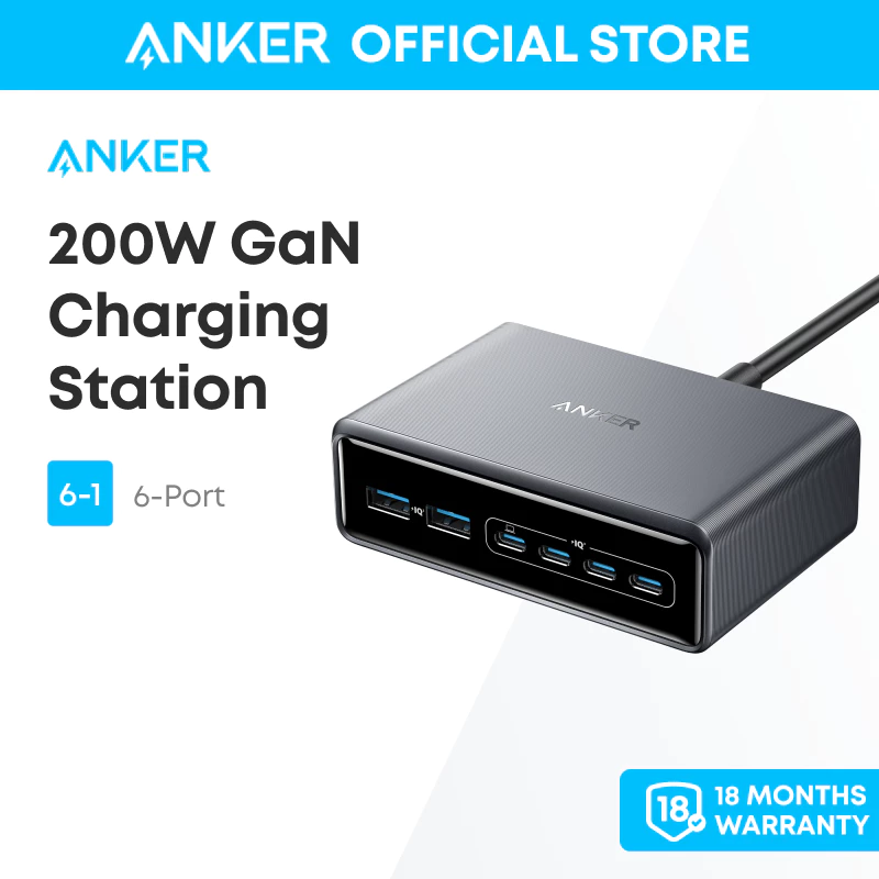 Anker Prime Charger, 200W 6-Port GaN Charging Station, USB-C PD Fast Charging Desktop Charger, Compatible with Smart Phone, Computer