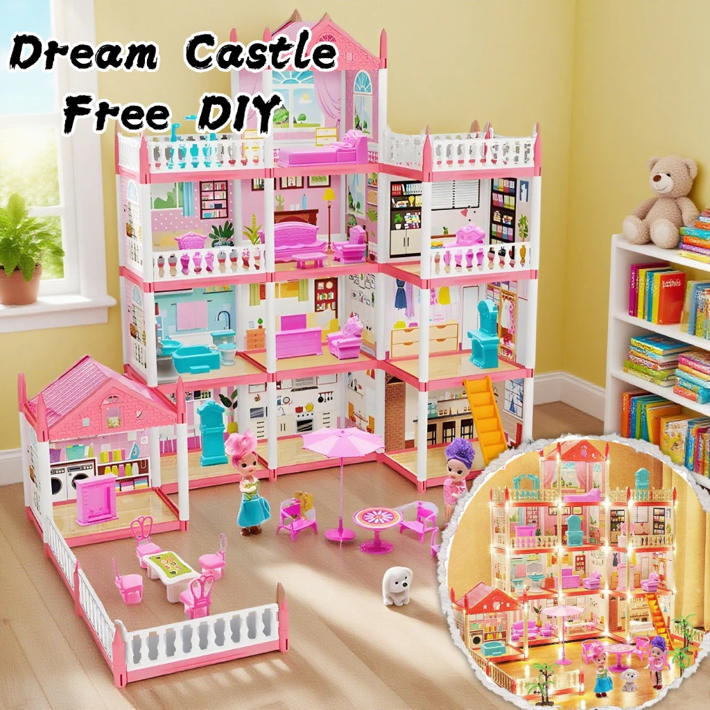 SN [Lights] Kid Villa Toys Princess House Toy Set Pretend Play DIY Mini House Villa Gift Rumah Mainan -65214