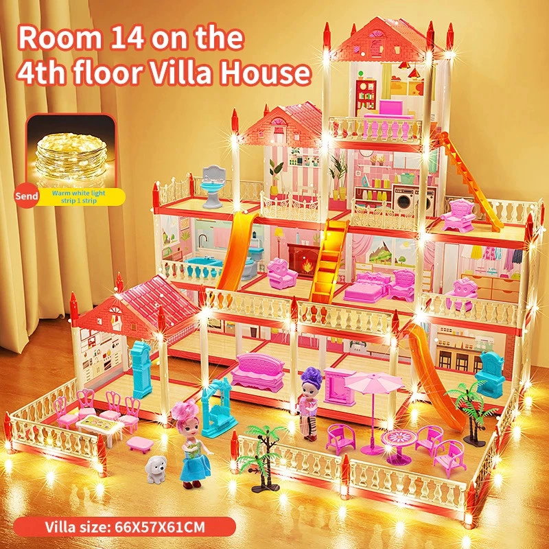 SN [Lights] Kid Villa Toys Princess House Toy Set Pretend Play DIY Mini House Villa Gift Rumah Mainan -65214
