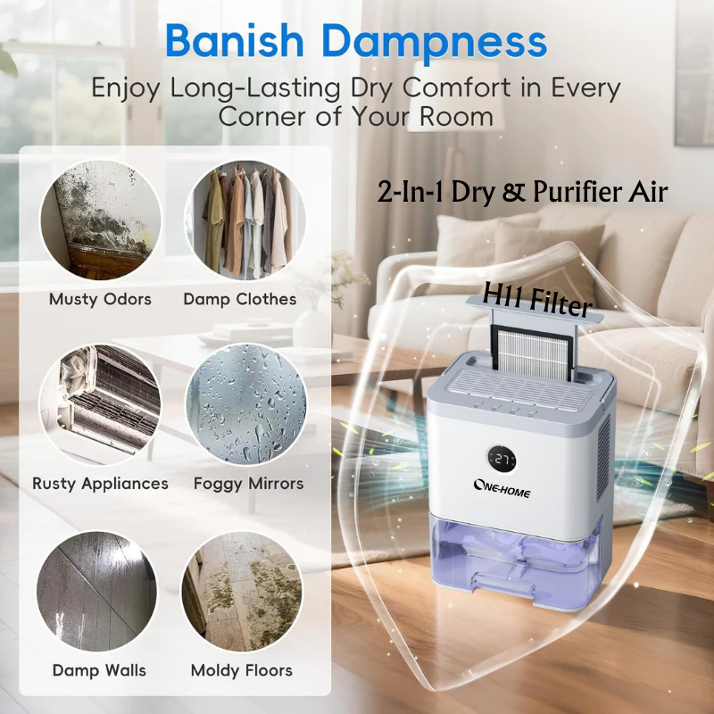 ONEHOME 2-in-1 Air Purifier and Dehumidifier for Home | HEPA Filter | 2000ml Tank | Auto Shut-Off, 7-Color Night Light