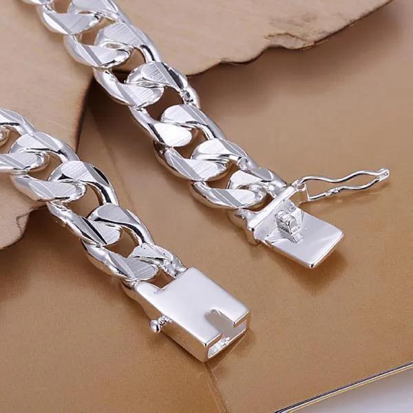New Fashion Jewelry 925 Sterling Silver 10 mm Square Buckle Sideways Chain Bracelet For Unisex Man Women Gifts