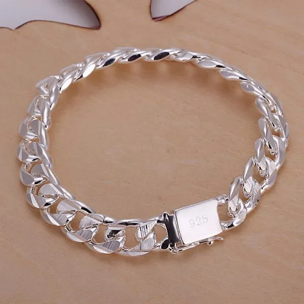 New Fashion Jewelry 925 Sterling Silver 10 mm Square Buckle Sideways Chain Bracelet For Unisex Man Women Gifts