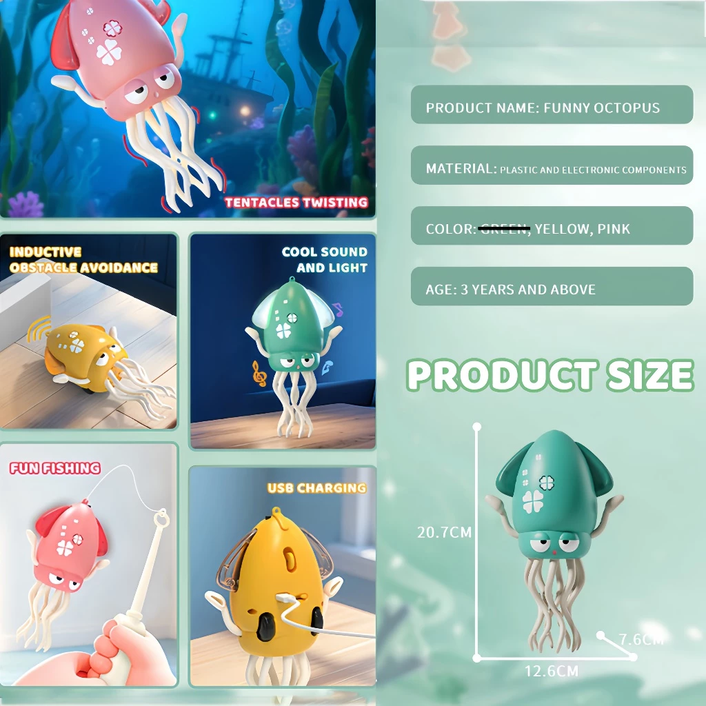Mainan Sotong Ditingkatkan 500 mAh yang Boleh Menari, Bercahaya, Ada Muzik dan Automatik Mengelak Halangan