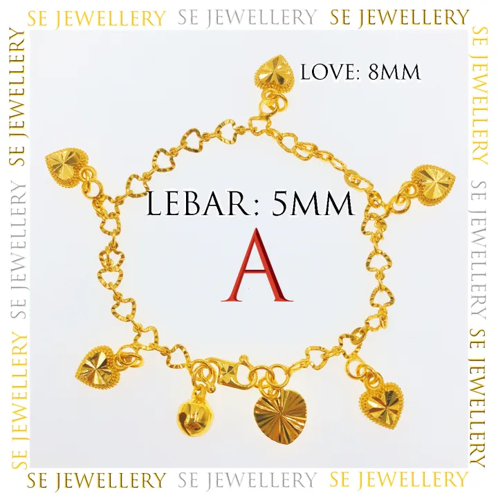 Free Cop 916 (B250GP) Emas Bangkok Adult Bracelet with Charms Gelang Tangan Rantai Tangan Dewasa Gantung Love 24K Gold Plated.