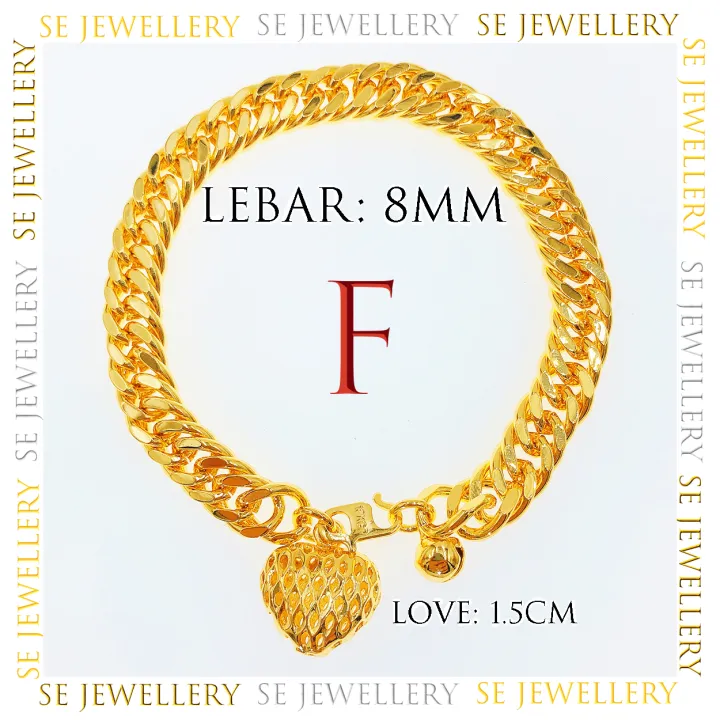Free Cop 916 (B250GP) Emas Bangkok Adult Bracelet with Charms Gelang Tangan Rantai Tangan Dewasa Gantung Love 24K Gold Plated.