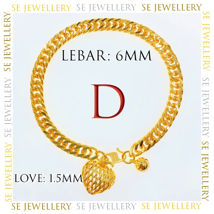 Free Cop 916 (B250GP) Emas Bangkok Adult Bracelet with Charms Gelang Tangan Rantai Tangan Dewasa Gantung Love 24K Gold Plated.