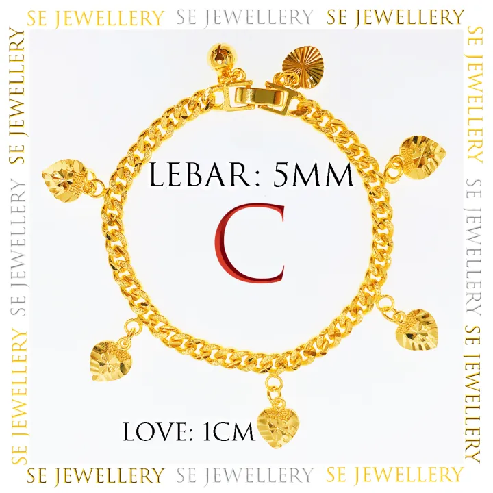 Free Cop 916 (B250GP) Emas Bangkok Adult Bracelet with Charms Gelang Tangan Rantai Tangan Dewasa Gantung Love 24K Gold Plated.