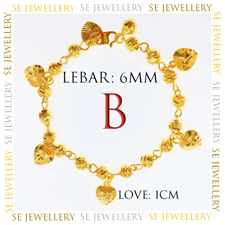 Free Cop 916 (B250GP) Emas Bangkok Adult Bracelet with Charms Gelang Tangan Rantai Tangan Dewasa Gantung Love 24K Gold Plated.