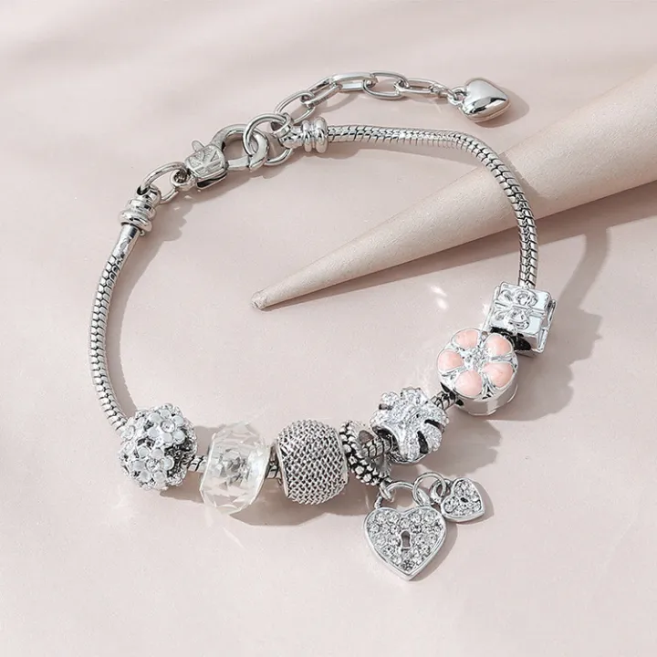 KL Stock Crystal Heart Charm Bracelet Beads Gelang Tangan Emas Korea Fashion