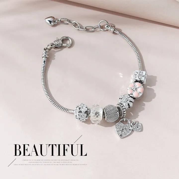 KL Stock Crystal Heart Charm Bracelet Beads Gelang Tangan Emas Korea Fashion