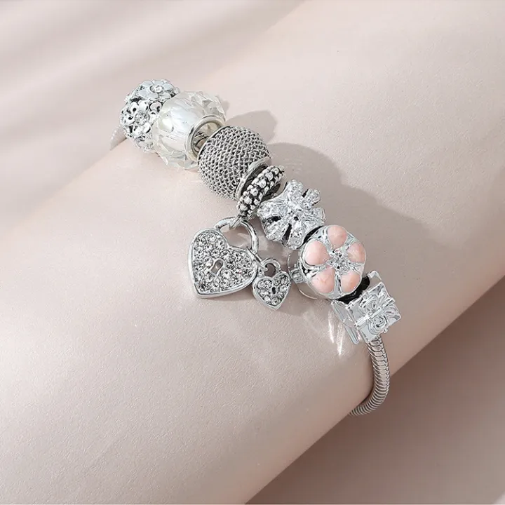 KL Stock Crystal Heart Charm Bracelet Beads Gelang Tangan Emas Korea Fashion