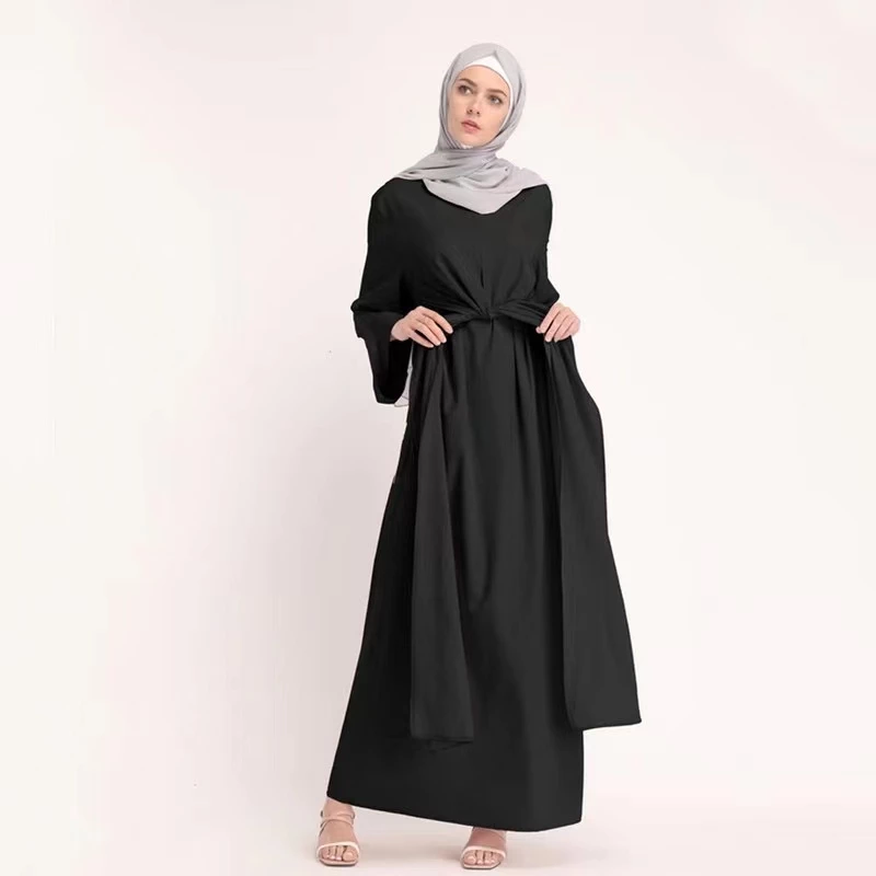 Abaya Muslim Elegant Dress Plain Women Fashion Jubah Long Sleeve Belted Dresses