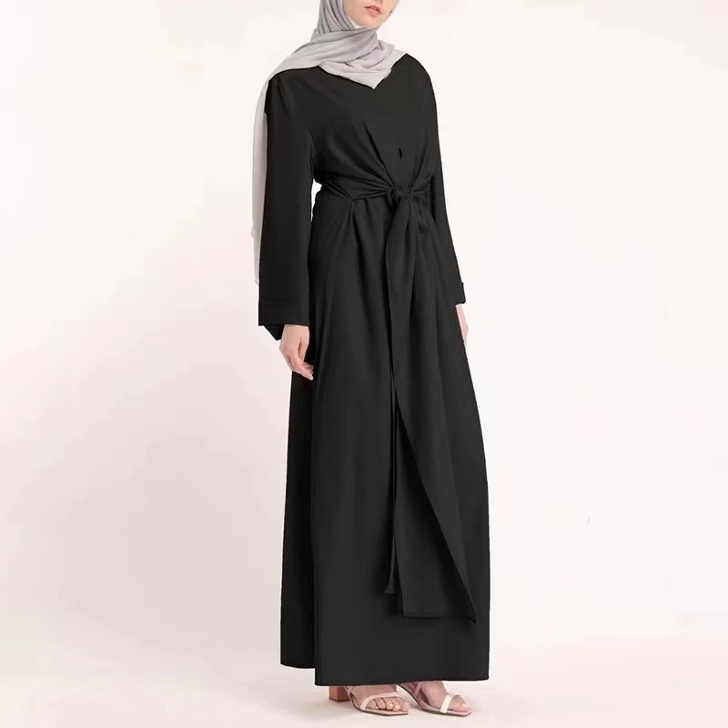 Abaya Muslim Elegant Dress Plain Women Fashion Jubah Long Sleeve Belted Dresses