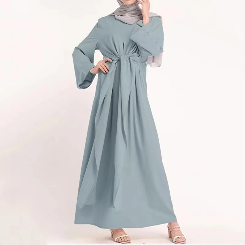Abaya Muslim Elegant Dress Plain Women Fashion Jubah Long Sleeve Belted Dresses