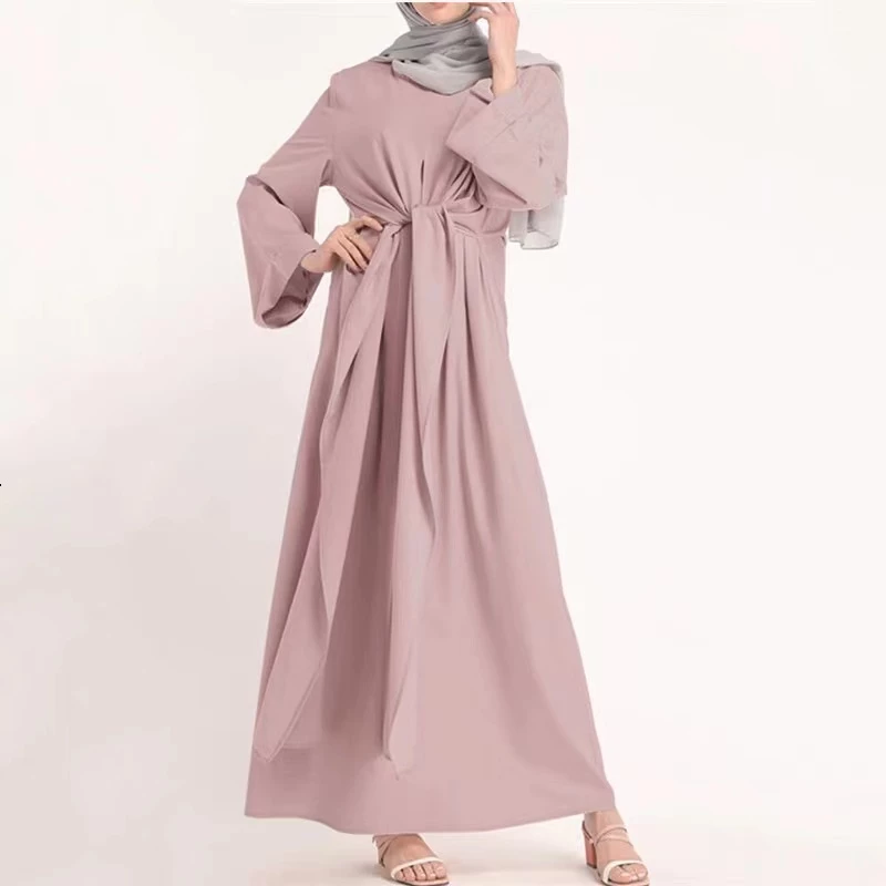 Abaya Muslim Elegant Dress Plain Women Fashion Jubah Long Sleeve Belted Dresses