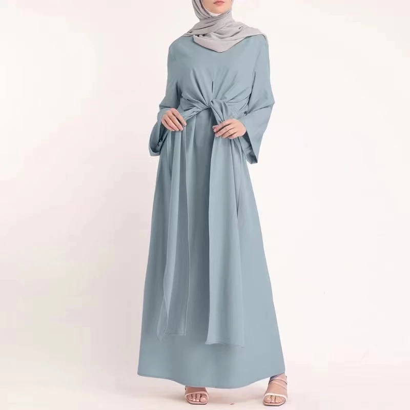 Abaya Muslim Elegant Dress Plain Women Fashion Jubah Long Sleeve Belted Dresses