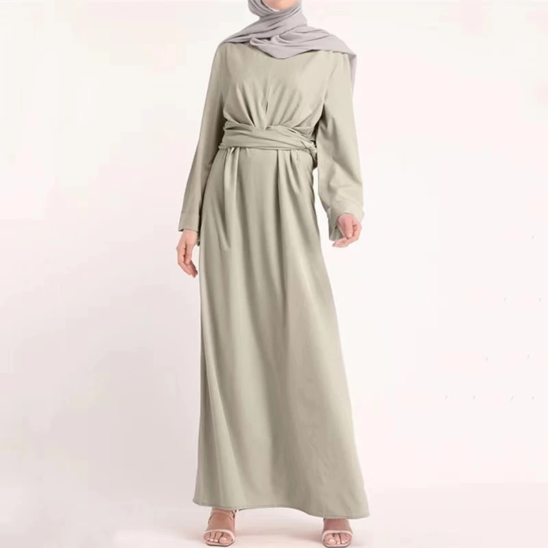 Abaya Muslim Elegant Dress Plain Women Fashion Jubah Long Sleeve Belted Dresses