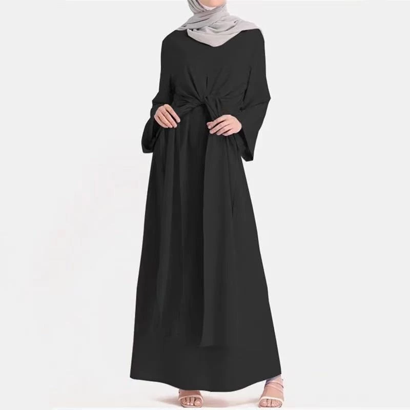 Abaya Muslim Elegant Dress Plain Women Fashion Jubah Long Sleeve Belted Dresses
