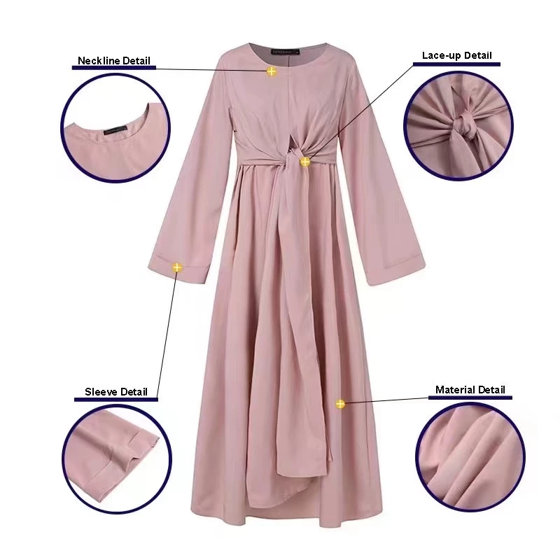 Abaya Muslim Elegant Dress Plain Women Fashion Jubah Long Sleeve Belted Dresses
