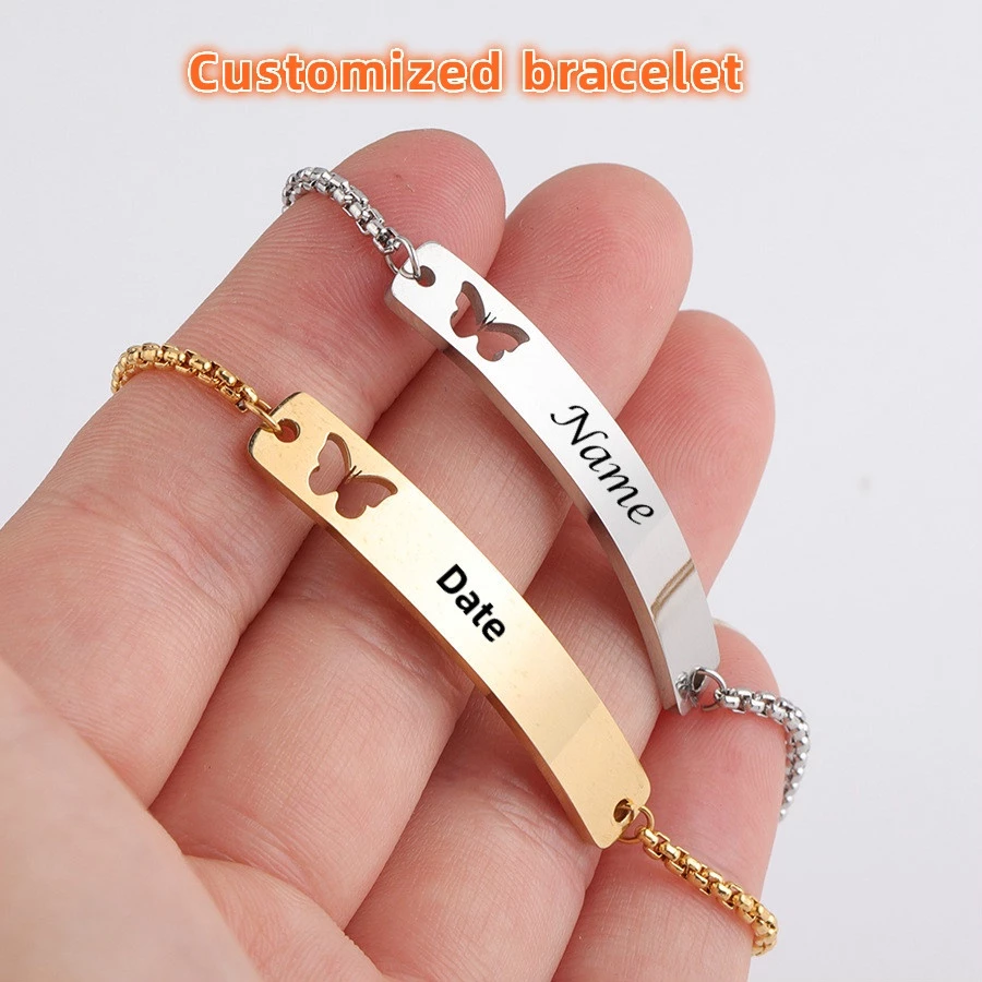 Customized Name Bracelet Mirror Stainless Steel Hollow Butterfly Curved Bracelet Adjustable Chain