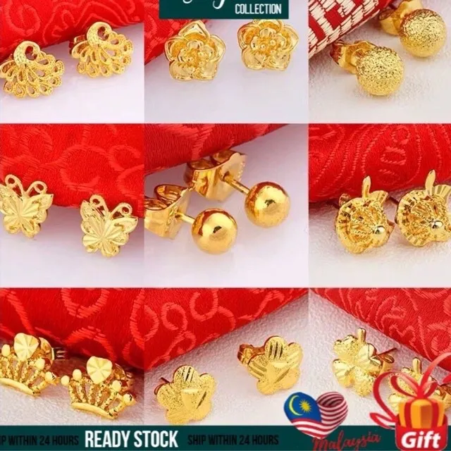 Buy 1 Free 1 Emas Bangkok Ear Stud /Hoop Subang Anting Gold Plated Randomly.