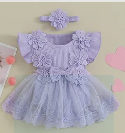 Dress Baby Girl Mesh Lace Flower Baby Dress Ruffle Sleeve Bow