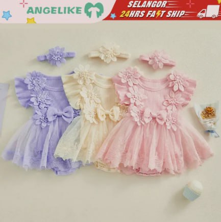 Dress Baby Girl Mesh Lace Flower Baby Dress Ruffle Sleeve Bow