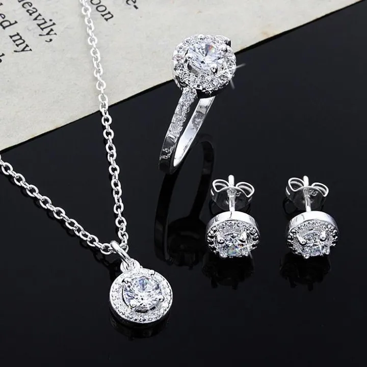 JM Christmas gift High Quality Store New Womens 925 noble Silver Plated Crystal Necklace Earring Ring Set Jewelry