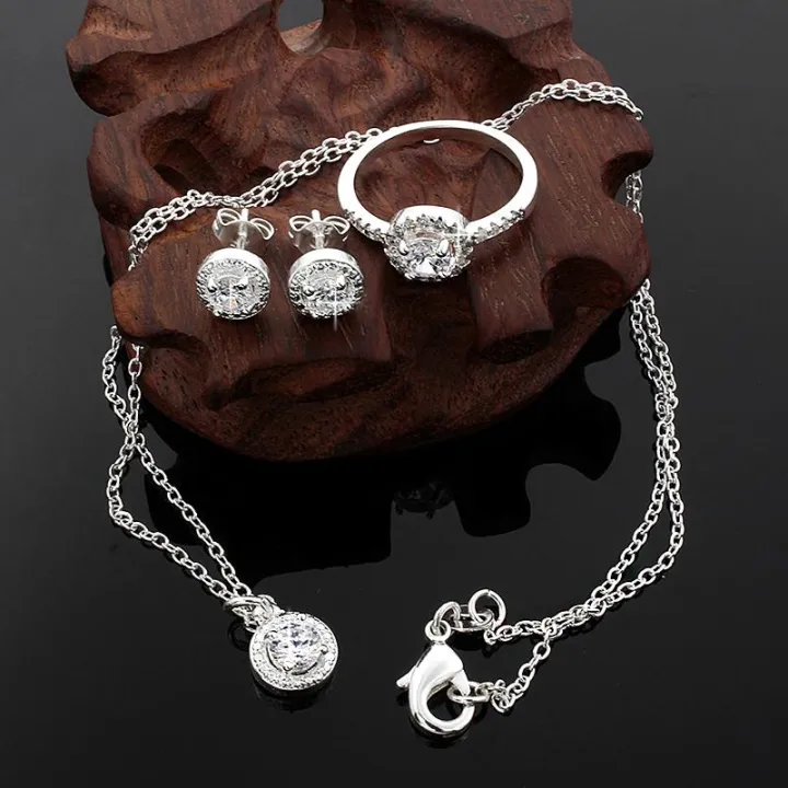 JM Christmas gift High Quality Store New Womens 925 noble Silver Plated Crystal Necklace Earring Ring Set Jewelry