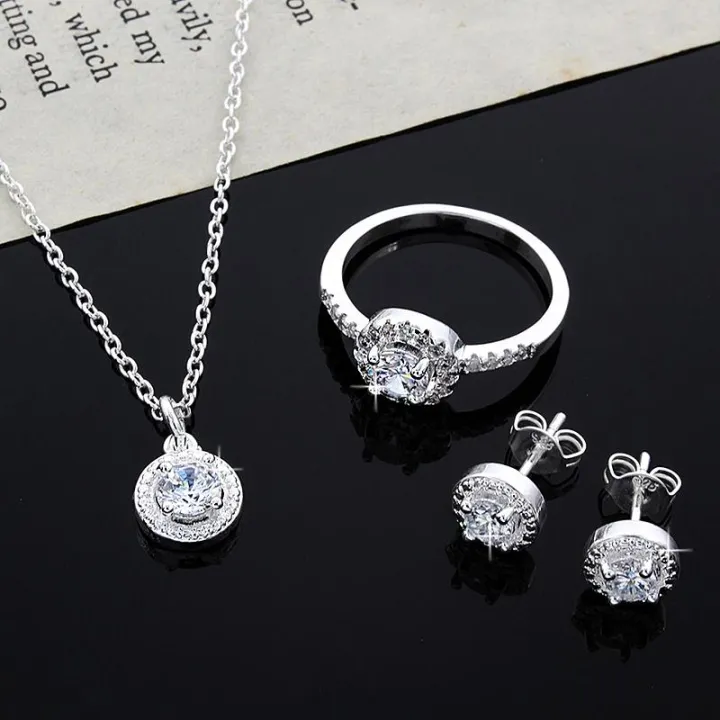 JM Christmas gift High Quality Store New Womens 925 noble Silver Plated Crystal Necklace Earring Ring Set Jewelry
