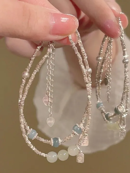 Silver Agate Bracelet Women's Ins2025 New Luxury Small Audience Design Versatile Retro Beaded Hand Bracelet Gift