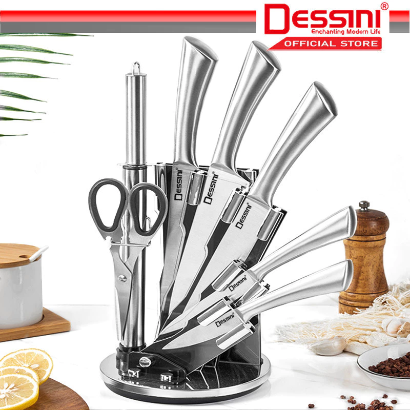 DESSINI ITALY 8 IN 1 Stainless Steel Knife Cleaver Scissor Peeler Cutting Storage Holder Cutlery Organizer Pisau Gunting