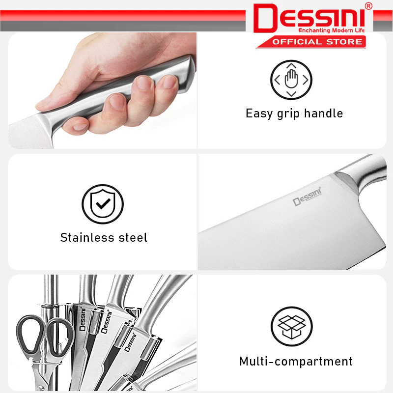 DESSINI ITALY 8 IN 1 Stainless Steel Knife Cleaver Scissor Peeler Cutting Storage Holder Cutlery Organizer Pisau Gunting
