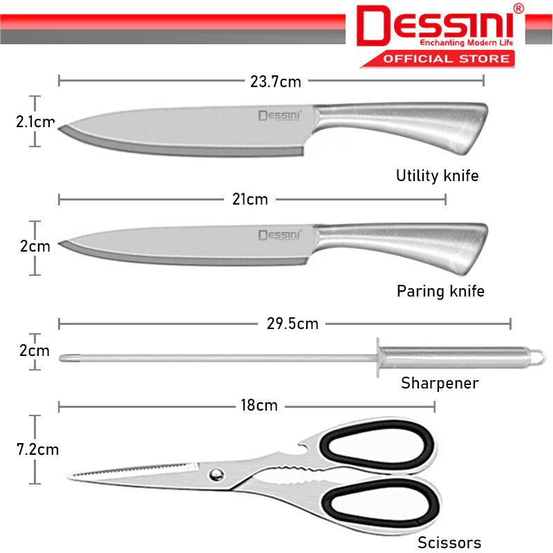 DESSINI ITALY 8 IN 1 Stainless Steel Knife Cleaver Scissor Peeler Cutting Storage Holder Cutlery Organizer Pisau Gunting