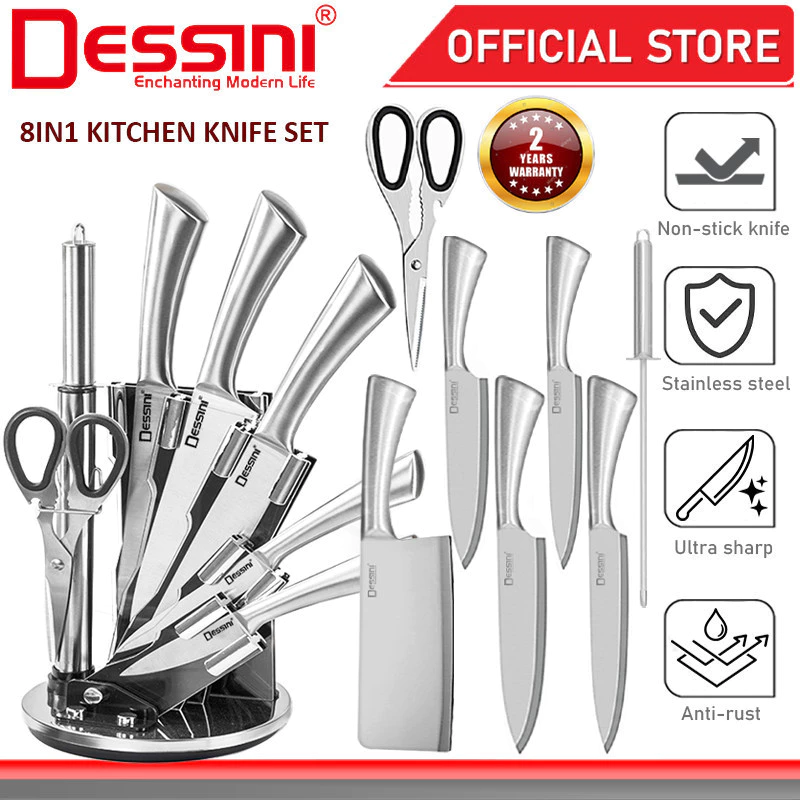 DESSINI ITALY 8 IN 1 Stainless Steel Knife Cleaver Scissor Peeler Cutting Storage Holder Cutlery Organizer Pisau Gunting