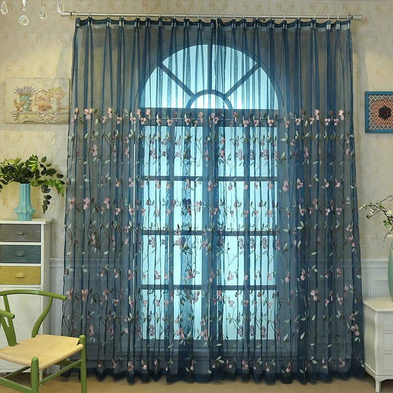 Luxury Red Blue Flower Embroidery Sheer Curtain European Style Shabby Chic Tulle for Living Room Privacy Protection Light Filtering Voile