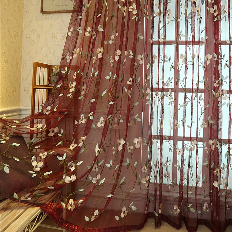 Luxury Red Blue Flower Embroidery Sheer Curtain European Style Shabby Chic Tulle for Living Room Privacy Protection Light Filtering Voile