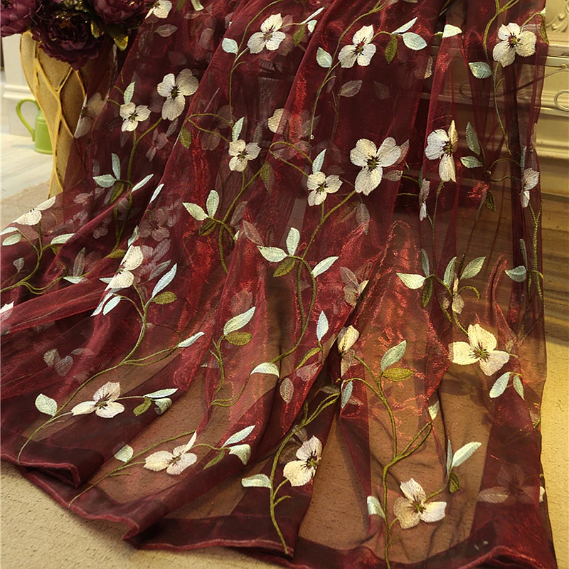 Luxury Red Blue Flower Embroidery Sheer Curtain European Style Shabby Chic Tulle for Living Room Privacy Protection Light Filtering Voile