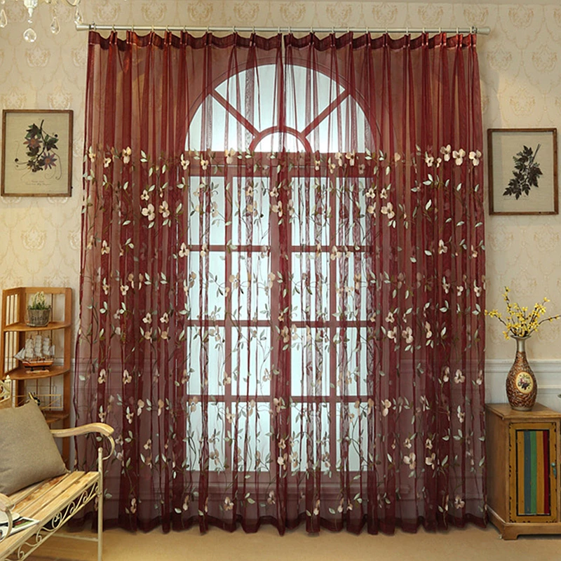 Luxury Red Blue Flower Embroidery Sheer Curtain European Style Shabby Chic Tulle for Living Room Privacy Protection Light Filtering Voile
