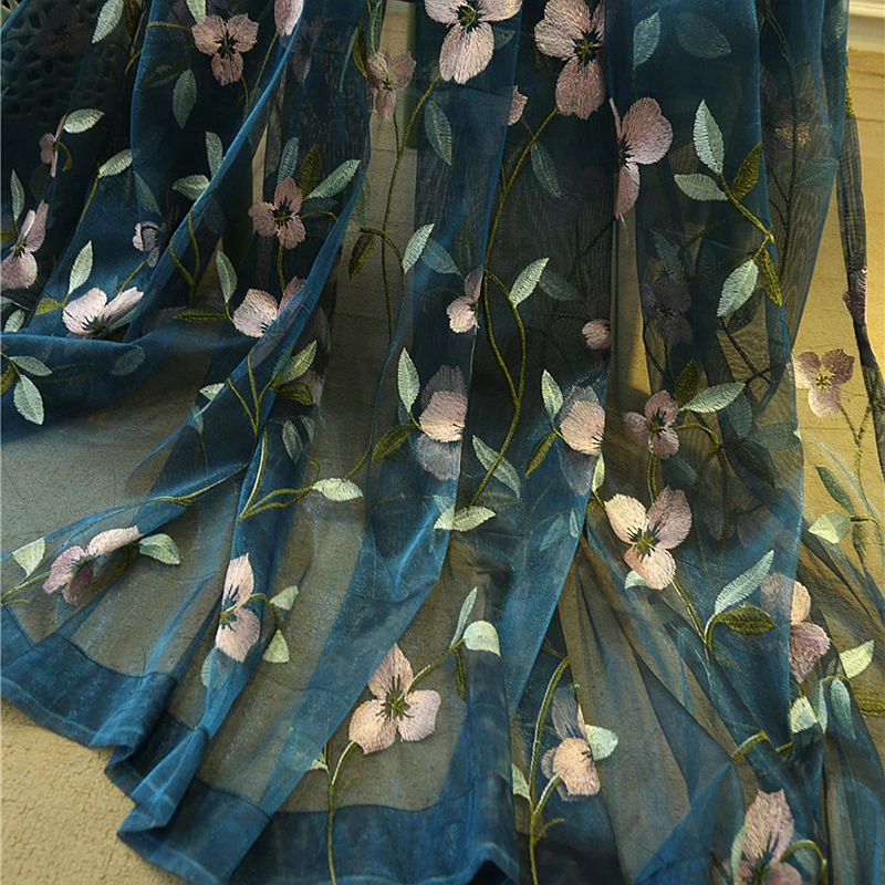 Luxury Red Blue Flower Embroidery Sheer Curtain European Style Shabby Chic Tulle for Living Room Privacy Protection Light Filtering Voile