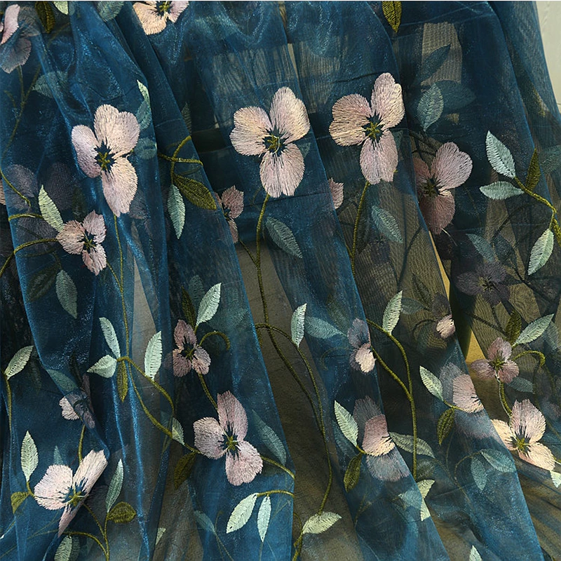 Luxury Red Blue Flower Embroidery Sheer Curtain European Style Shabby Chic Tulle for Living Room Privacy Protection Light Filtering Voile