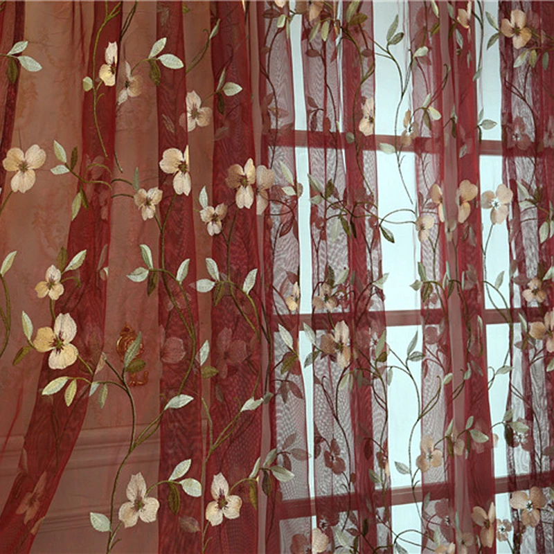 Luxury Red Blue Flower Embroidery Sheer Curtain European Style Shabby Chic Tulle for Living Room Privacy Protection Light Filtering Voile
