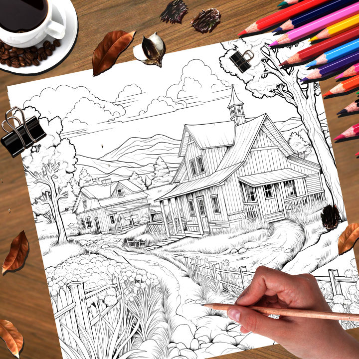 Adult Picture Book: Countryside Coloring Book with Realistic Scenic Landscapes for Relaxation and Creativity